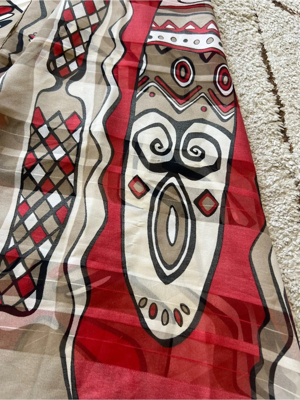 VTG Made in Italy Geometric Tribal Graphic Scarf Abstract Sheer Red Taupe 33